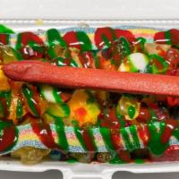 Chamoy Attack · Mango ice cream, pickles, gummy bears sour belts, gummy rings, green and red chamoy, Lucas a...