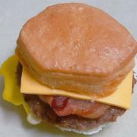Bacon , Sausage, Egg And Cheese Biscuits · 2 Meats: Bacon (1 strip), Sausage (1 patty), Egg and Cheese Biscuits