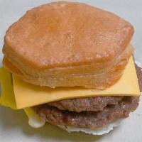 Double Sausage, Egg And Cheese Biscuit · 2 Meats: 2 Sausage (patties), Egg and Cheese Biscuits