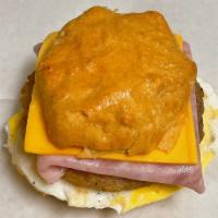 Ham, Sausage, Egg And Cheese Biscuits · 2 Meats: Ham (1 slice), Sausage (1 patty), Egg and Cheese Biscuits
