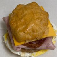 Sausage, Bacon, Ham, Egg And Cheese Biscuits · 3 Meats: Sausage (1 patty), Bacon (1 strip), Ham ( 1 slice), Egg and Cheese Biscuits