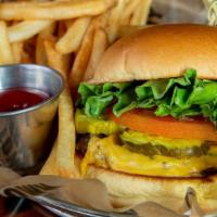 Bricktown Burger · A Creekstone Farms Black Angus Beef patty, American cheese, tomato, pickles, leaf lettuce, b...