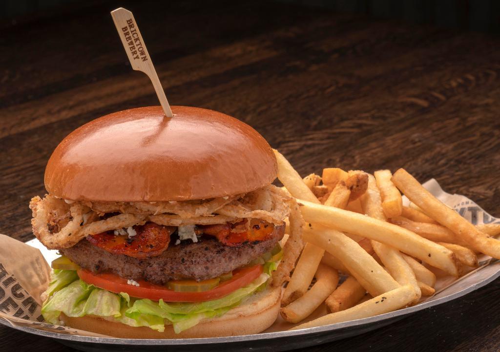 Bleu Ribbon Burger · Sweet peppered bacon, frizzled onions, buffalo bleu cheese sauce, lettuce, tomatoes, pickles.