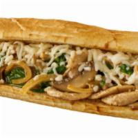 Philly Chicken Cheesesteak · Tender, shredded chicken with garlicky parmesan sauce, grilled onions, melty provolone chees...