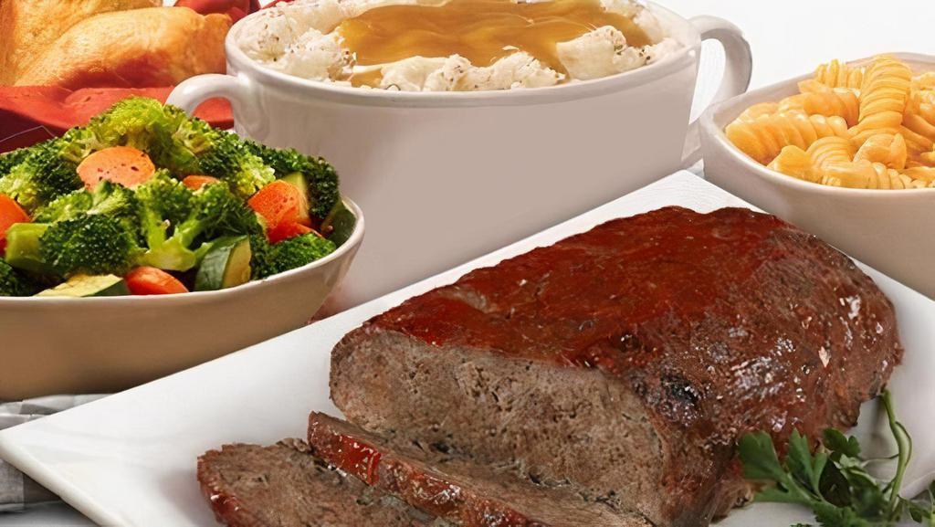 Meal For 3 - Whole Meatloaf · Our famous meatloaf - for the whole family. Made with special seasonings, onions, tomato puree, and toasted breadcrumbs. Smothered in zesty, hickory ketchup to give it extra zing. Served with 3 large sides and 3 cornbread.