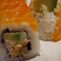 Salmon Nuevo Roll (10Pc) · INSIDE: Avocado, Cucumber, Spicy Mayo, Shrimp, Cali Krab
TOP: Salmon
;Raw