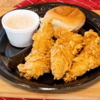 3 Pieces · 3 chicken tenders choice of side a medium drink and a roll.