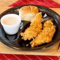 2 Pieces · 2 chicken tender choice of side a medium drink and a roll.