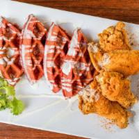  Chicken & Red Velvet Waffles · Crispy jumbo chicken wings with Tastebuds seasonings, decadent red velvet waffles, powder su...