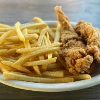 Chickaroos · Chicken fingers with choice of fries or macaroni and cheese.