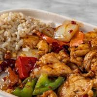Kung Pao* · Spicy and Vegan. Dried chili pepper, bell pepper, onion, carrot, and peanut. Served with whi...