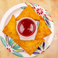 Crab Rangoons · Four pieces. Crispy wonton filled with cream cheese and crab with sweet and sour sauce.