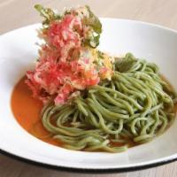 Just Like Paitan (Vegan) · Creamy Vegan broth with Kale noodles topped with ATX Kakiage (Onions, Arugula and Beni-Shoga...