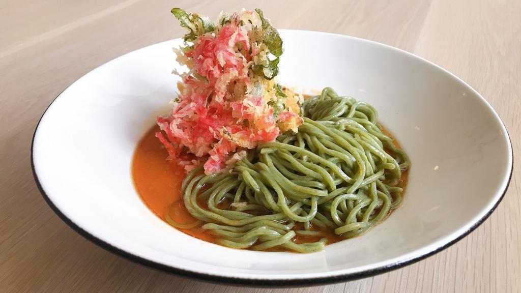 Just Like Paitan (Vegan) · Creamy Vegan broth with Kale noodles topped with ATX Kakiage (Onions, Arugula and Beni-Shoga) tempura ball.