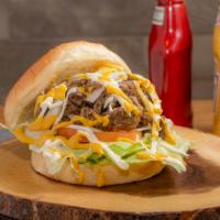 Bulgogi Burger · Marinated beef, tomato, onion, lettuce, red bellpepper, mozarella cheese, mayo, and mustard.