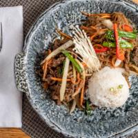 Bulgogi With Rice & Jap-Che Platter · Marinated beef, clear noodles.