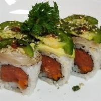 Aloha Roll · Raw. Spicy. Spicy tuna,gobo, inside topped with albacore, jalapeno.