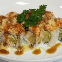 Crunch Roll · Spicy. Shrimp tempura, crab meat, avocado, topped with spicy crabmeat and crispy tonkatsu.