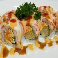 Temptation · Spicy. Shrimp tempura, spicy crabmeat, cucumber, avocado topped crab stick