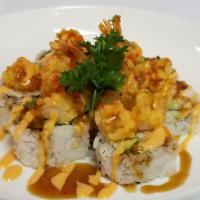 Fuji Mountain · California roll topped with shrimp tempura, masago,