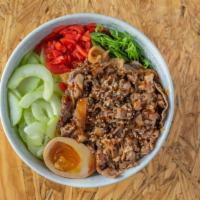 Gyudon Bowl · Japanese Shreded Beef, House Soy, White Onions, Cucumber, Pickle Radish, Ajitama, Scallions