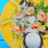 Texas Grilled Shrimp Salad · Grilled Texas Gulf shrimp, avocado, grated Romano cheese, cherry tomatoes, red peppers, boil...