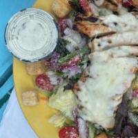 Heritage Grilled Chicken Salad · Grilled chicken breast, cherry tomatoes, romano cheese, red peppers, boiled eggs, sweet red ...