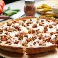 All Meat Pizza · This pizza has our signature red sauce, fresh diced mozzarella cheese, sliced pepperoni, sli...