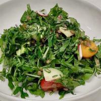 Chilled Lentils Salad · Green lentils, arugula, radish, cucumber, heirloom tomatoes, mint, and parsley. Served with ...