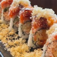 Sakana Fire · Shrimp Tempura, Cucumber, Crabmeat Topped with Spicy Tuna, Crunch Flakes with Spicy Mayo, Ee...