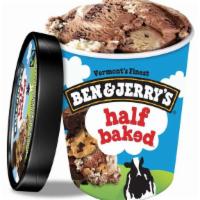Ben & Jerry'S Half Baked 16 Oz · A delectable dance of chocolate chip cookie dough and chocolate fudge brownie. Vanilla ice c...