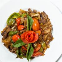 Pad Kee Mow (Spicy Basil Noodles) · Spicy. Stir fried big flat noodles with egg, tomatoes, onions, bell peppers, jalapenos and f...