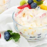 Creamy Salad · Pineapple chunks
Strawberries
Kiwi
Blueberries
Dressing:
Low fat cream
Light mayo
Honey