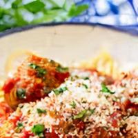 Spaghetti & Meatballs · Pasta and meatballs is served with marinara sauce, ricotta, meatballs.