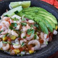 Shrimp & Mango Ceviche · Small shrimp, fresh mango, jicama, serrano peppers, and pico de gallo marinated in lime juic...
