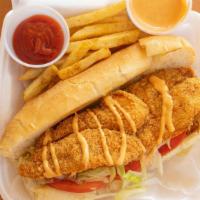 Fish Po' Boy & Fries Or Onion Rings · *Fried fish served on toasted hoagie bread with lettuce-tomato-mayo & secret cave sauce. Add...