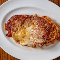 Chicken Parmigiana Lunch · Breaded chicken breast topped with tomato sauce and mozzarella cheese. Angel hair pasta and ...