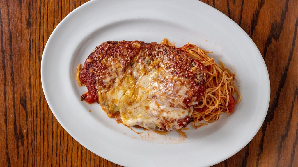 Chicken Parmigiana Lunch · Breaded chicken breast topped with tomato sauce and mozzarella cheese. Angel hair pasta and marinara sauce.