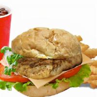 Grilled Chicken Burger Combo · Your choice of toppings. Served with fries and a drink.