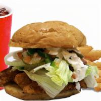 Fish Burger Combo · Fried swai fillet burger. Your choice of toppings. Served with fries and a drink.