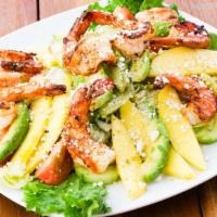 Mango & Shrimp Salad · 8 grilled jumbo shrimp, refreshing mix of greens, diced mango, tomatoes, cucumbers, avocado,...