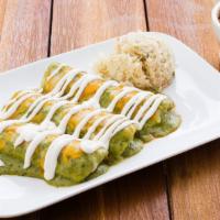 Fajita Enchiladas (3) · Beef or chicken fajita, your selection of sauce, sour cream and grated cheeses. Sauces: chil...