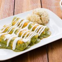 Chicken Enchiladas (3) · Corn tortillas filled with hand-shredded chicken smothered in poblano cream, sour cream, gra...