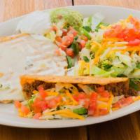 Combo Special · Crispy ground beef taco, bean and cheese tostada topped large queso chip, pico de gallo, gua...