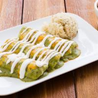 Veggie Enchiladas (3) · Veggie enchiladas smothered in your selection of sauce, sour cream and melted cheeses.