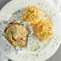 Bourbon Street Bell Pepper · Bell pepper stuffed with grade A ground beef, crab meat and shrimp served with mac and chees...