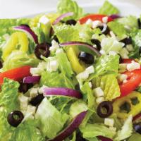 Family Greek Salad · Fresh-cut lettuce blend, feta cheese crumbles, black olives, sliced tomatoes, red onions, an...