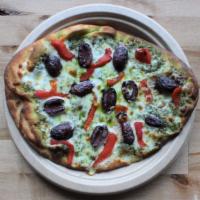 Spokane Pizza · Pesto, kalamata olives, roasted red pepper, light mozzarella.