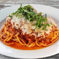 Chicken Parm · Pan fried chicken scallopine, melted mozzarella, parmesan, fresh tomato sauce and basil with...