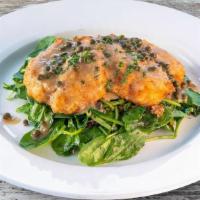 Chicken Piccata · Chicken breast lightly floured and panned fried with a white wine and caper butter sauce ove...